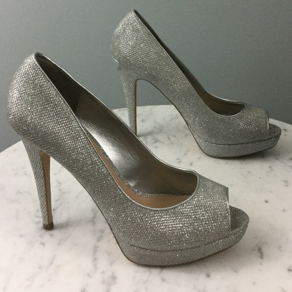 ALDO Raeann Metallic Silver Peeptoe Platform Heels Size 7.5 - Picture 4 of 8